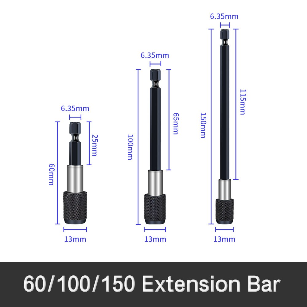 Magnetic Extension Bit Set Extensions Quick Change 1/4" 6.35mm Hex Rod Shank Long Handle 60 75 100 150 mm: 3pcs-black