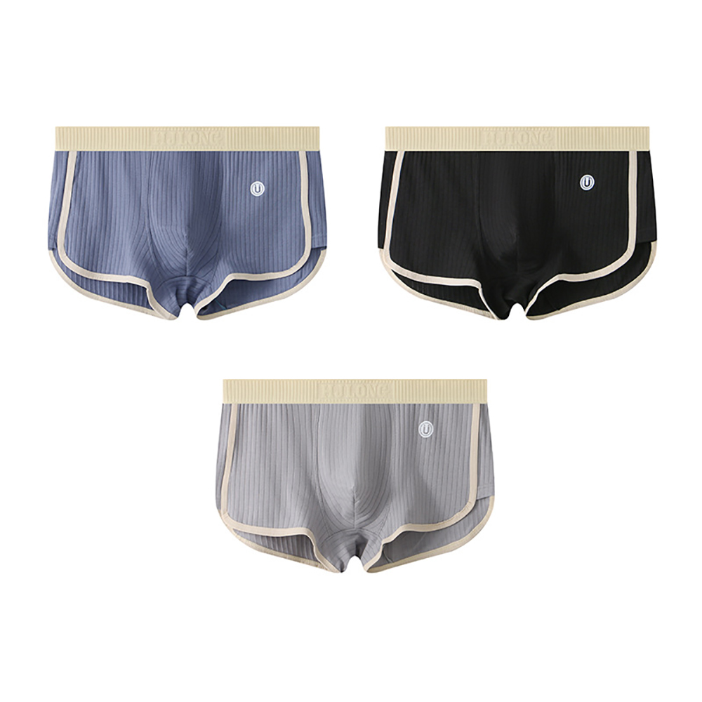 3PCS/Pack 100% Cotton Solid Striped Men's Boxer Sexy Breathable Mesh U Crotch Underwear High Elastic Widen Waistband Underpants: M / SKY BLUE