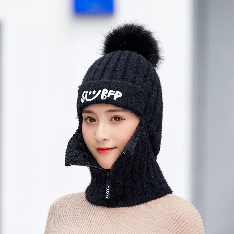 DIHOPE 2 pièces tricot bonnet chapeau et écharpe ensemble Hairball pompon chapeaux femme épais hiver mignon filles lettre Smiley fermeture éclair chapeau