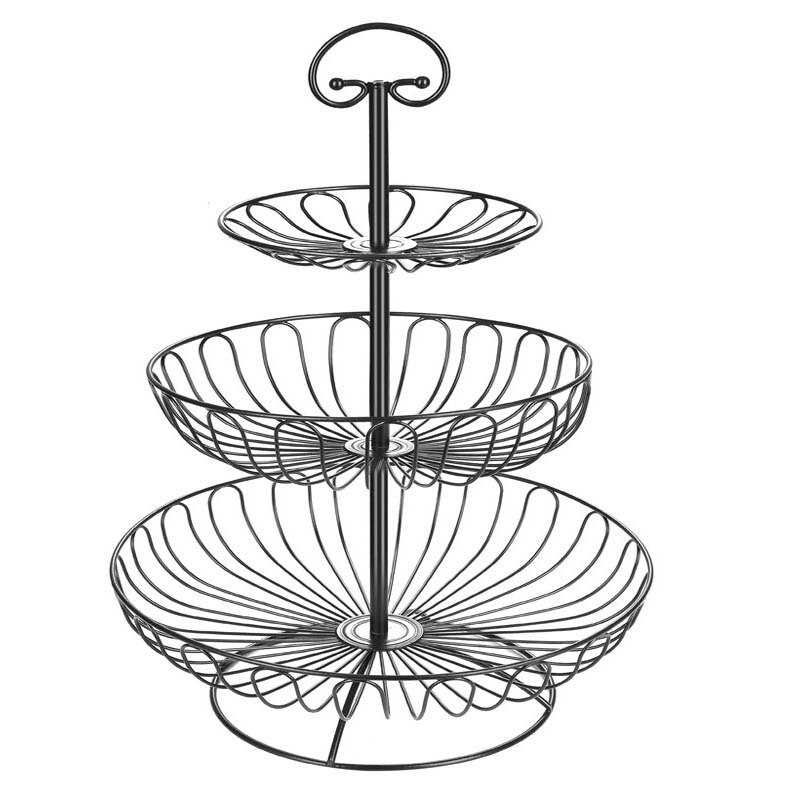 De hierro de tres capas de cesta de almacenamiento Plato de frutas cocina casa tazón desmontable soporte de Metal para pastel de postre organizador: Black