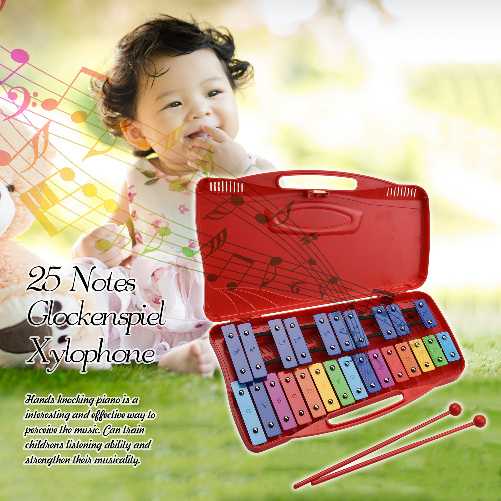 25 Notes Glockenspiel Xylophone Hand Knock Xylophone Percussion Rhythm Musical Educational Teaching Instrument Toy