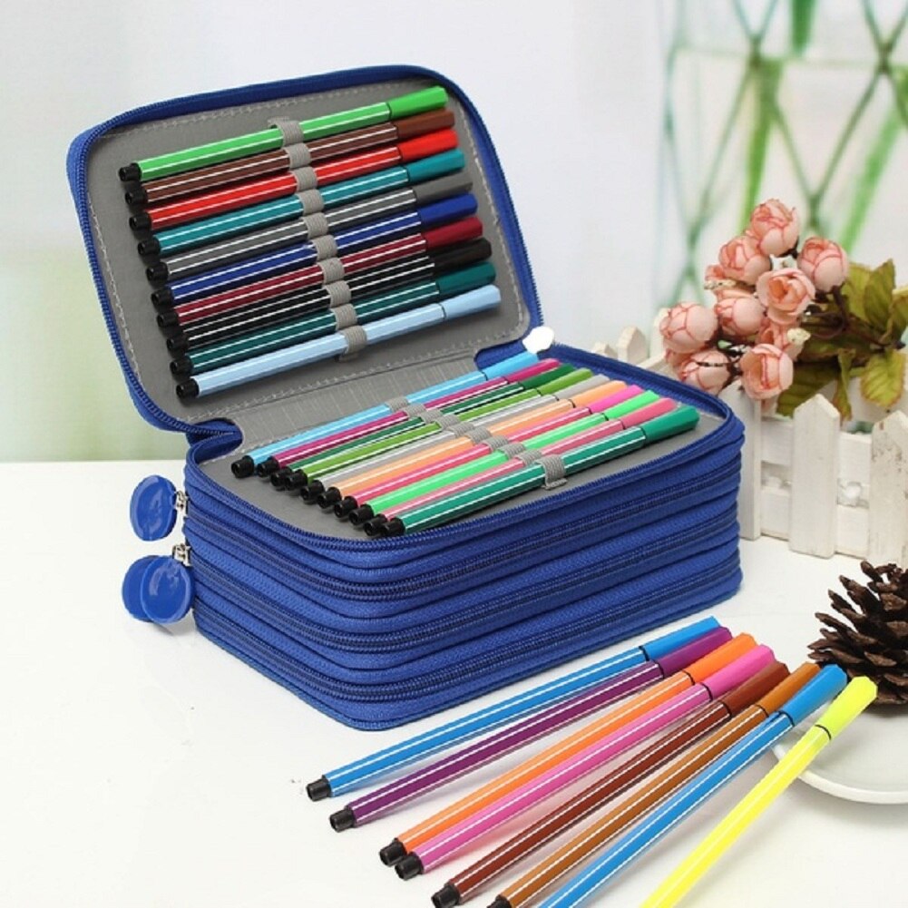 72 indehavere penalhus med stor kapacitet til kunstpenne akvarelfarvet oxford stofblyanter taske boks skole papirvarer: Blå