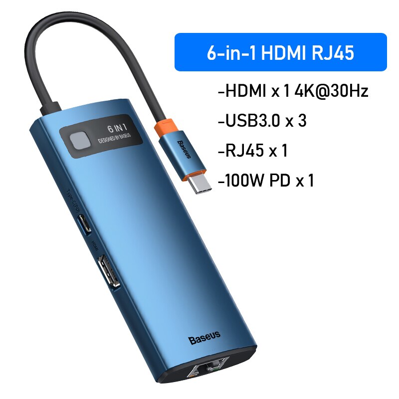 Baseus – HUB USB 3.0 Type C vers HDMI, adaptateur de lecteur SD RJ45, séparateur HUB USB-C 8 en 1 pour MacBook Pro Air et ordinateur portable: 6 in 1 HUB Blue