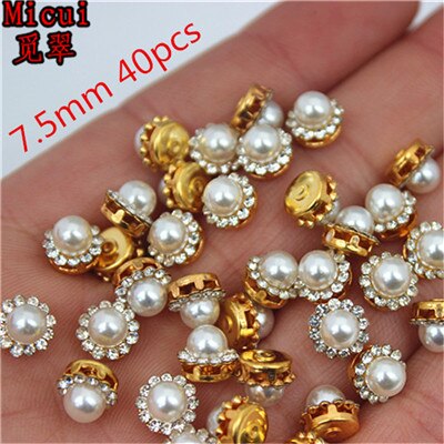 Micui Ronde Parel Kristallen Knop Goud rvs Instelling Metalen Lade Steentjes DIY Sieraden Jurk bruiloft versieren MC70: Gold  7.5mm 40pcs