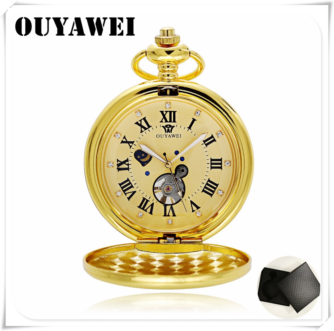 OUYAWEI Luxury Golden Moon Phase Mechanical Pocket Watch Roman Number Tourbillon Dial Pendant Chain Men Women: Gold-Box