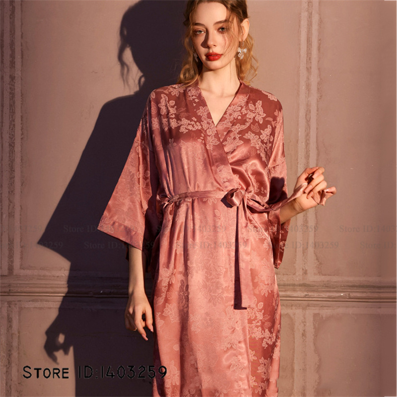 Chinese Style Jacquard Long Robe Nightgown Silk Satin Kimono Bathrobe Gown Spring Summer Sleepwear Home Dress Pajama: 3XL / Gold