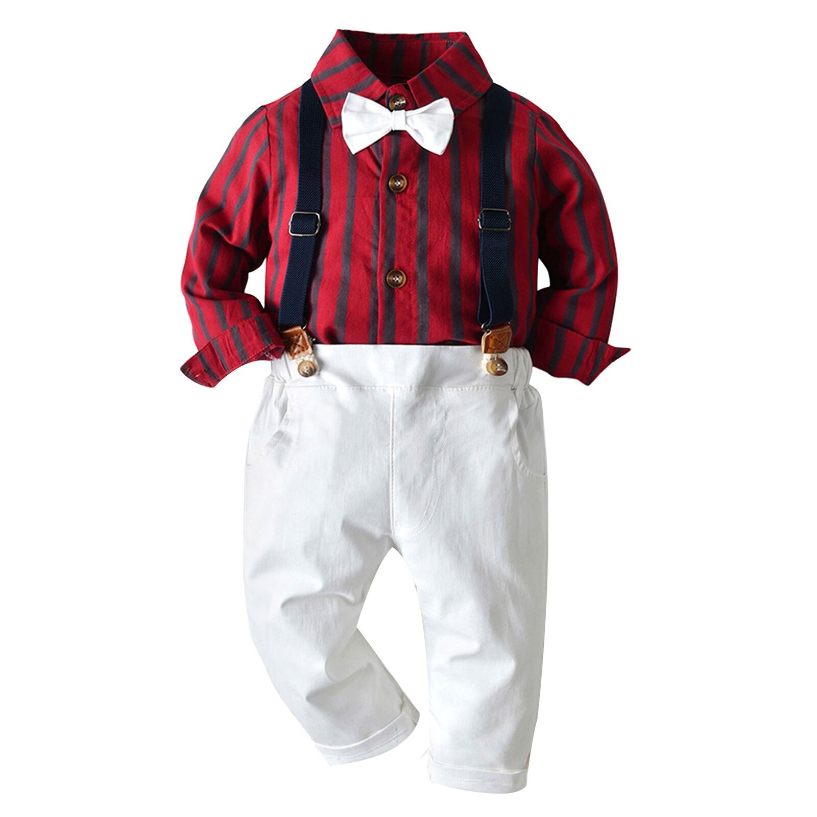 Kleinkind Baby Junge Outfit Lange Ärmel Revers Gestreiften Hemd Hosenträger Hosen Gentleman Anzug für Jungen freundlicher Party Kostüm setzt: dunkel rot / 80cm