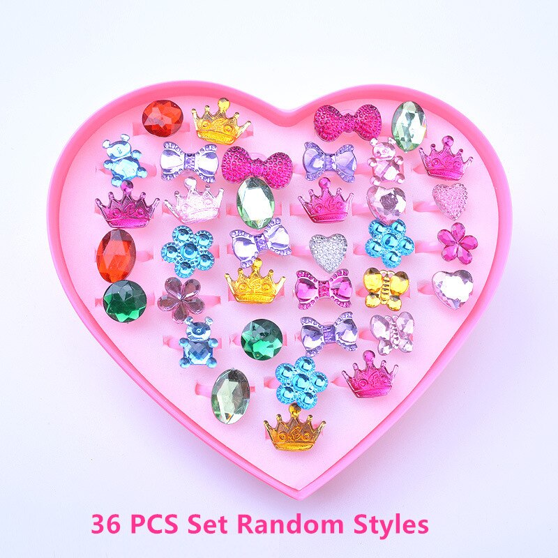 Love Boxs Children's Cartoon Rings Candy Flower Animal Bow Shape Ring Set Mix Finger Jewellery Rings Kid Girls Toys Box