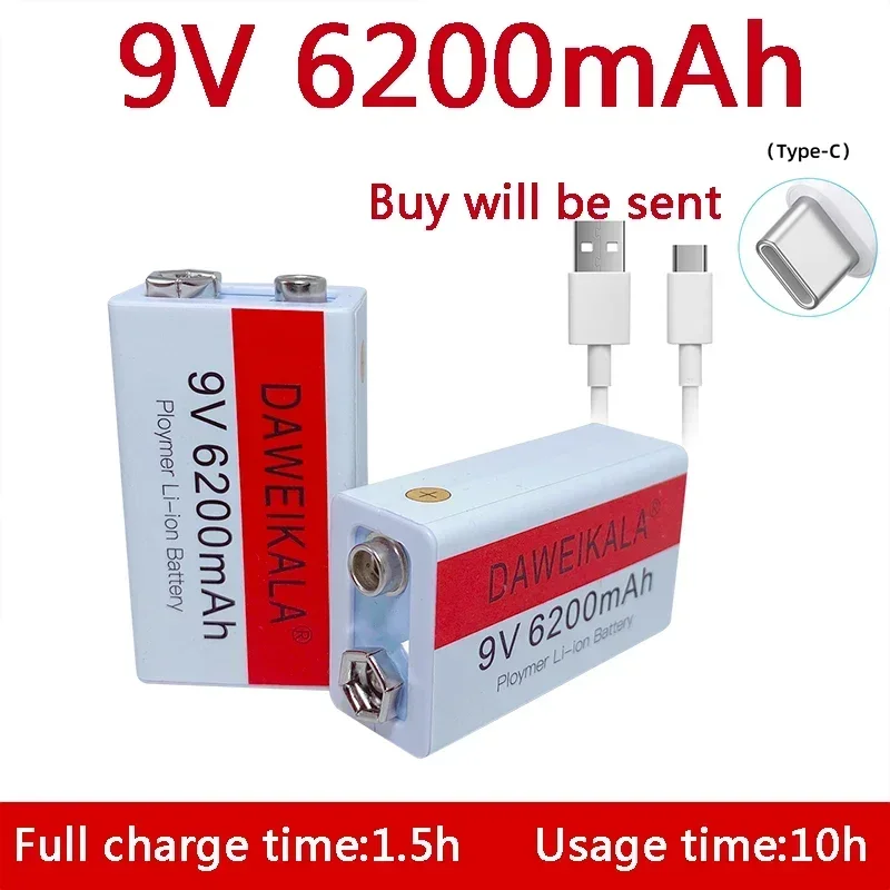 2025 9V 6200mAh batería recargable de iones de litio tipo C batería 9V USB litio para multímetro micrófono juguete + cable de carga USB