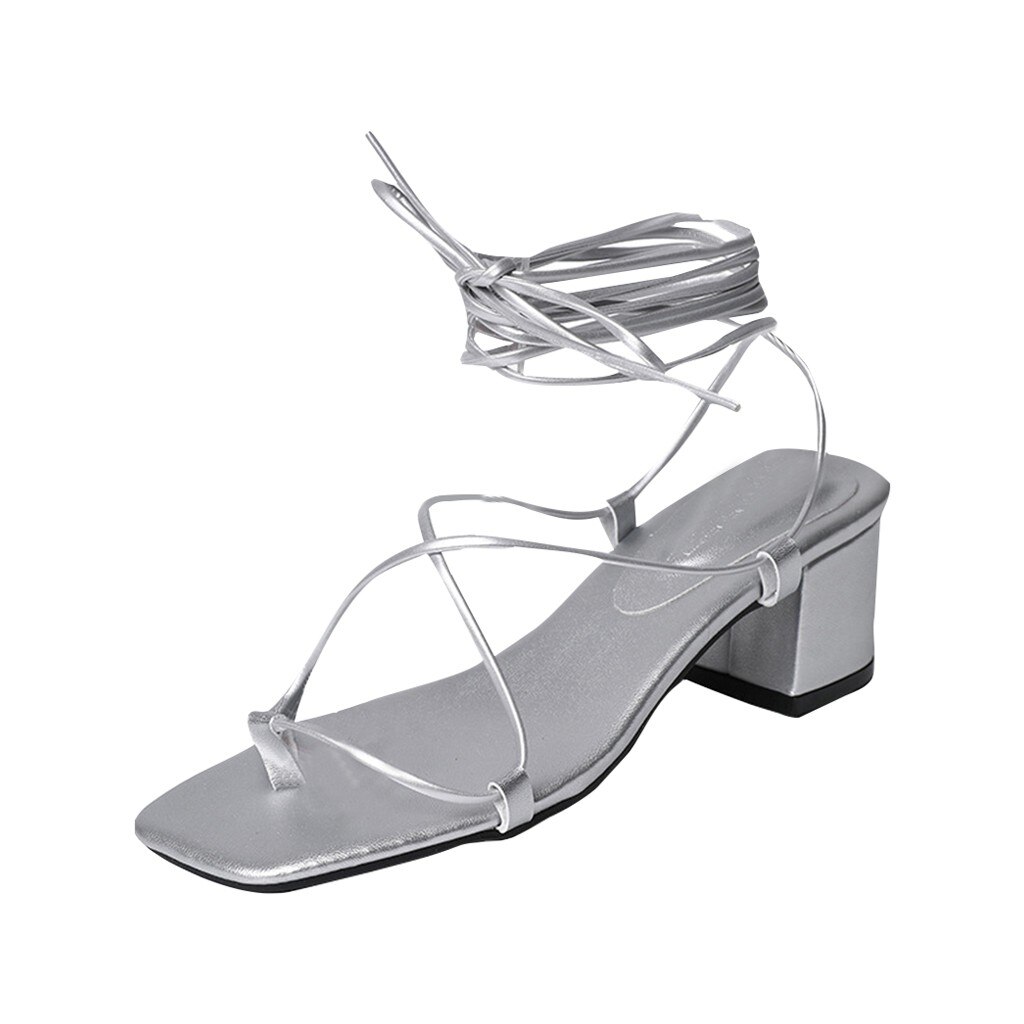 Women Square toe Heels Cross Ankle Strap Tie Tip Toes Sandals Hoof Heels Med Summer Beach Party Shoes Casual Sandals: Silver / 38