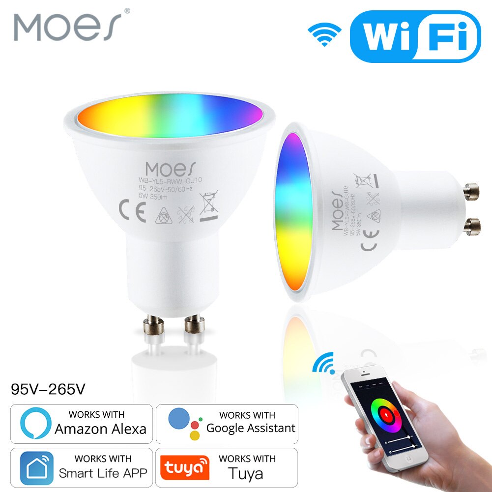 Moes tuya  gu10 wifi smart lys led pærer rgbcw 5w dæmpbare lamper smart life fjernbetjening arbejde med alexa google home