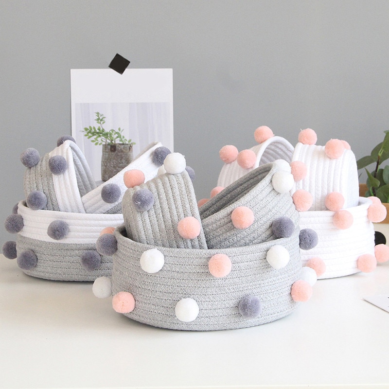 1Stck Baumwolle Pom Lagerung Korb Handarbeit Gewebt Schmutzig Wäsche Korb freundlicher Spielzeug Schreibtisch Kleinigkeiten Organizer