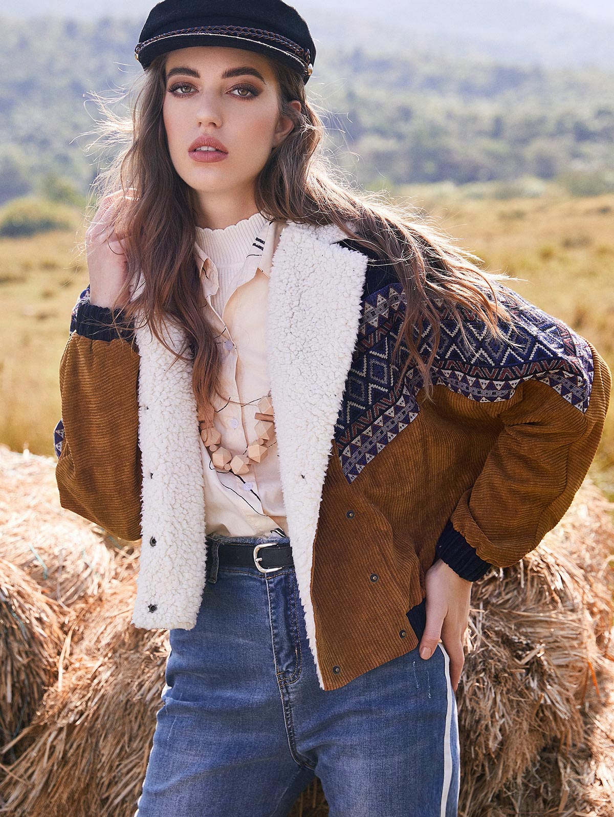 ZAFUL chaqueta de pana para mujer abrigos de invierno grueso cálido prendas de vestir doble pecho Tribal estampado Faux Shearling Panel chaqueta 5 colores: Multi / M