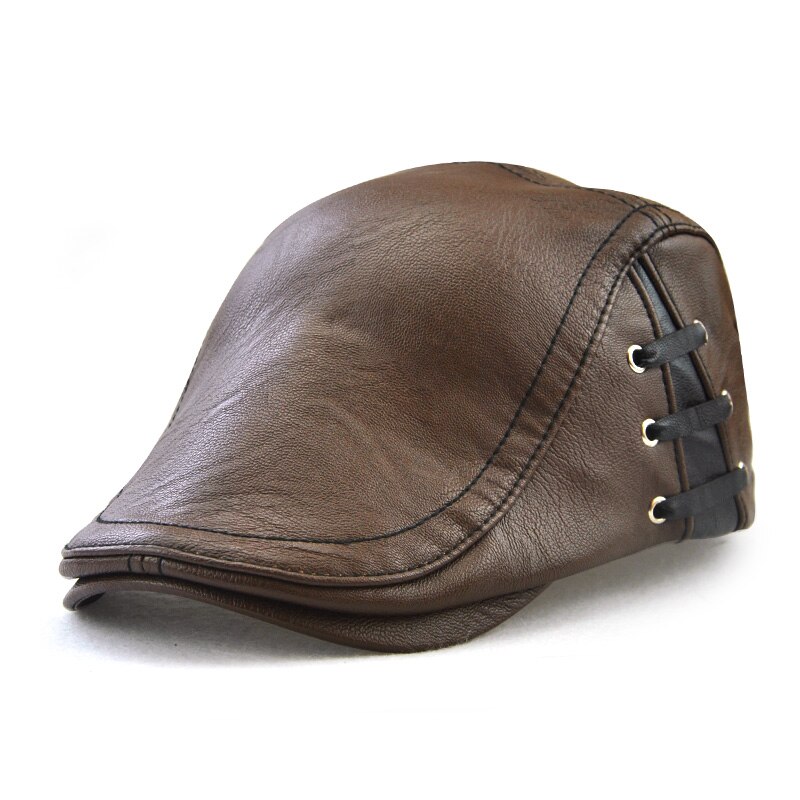 JAMONT PU Leather Caps Windproof Man Beret Bandage Hat Spring Flat Cap Casquette Warm Side Strap Boina Masculina