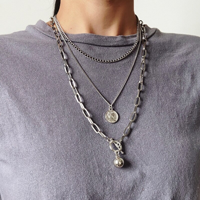 Hip Pop Punk Multi Gelaagde Lock Hanger Ketting Voor Vrouwen Mannen Zilveren Kleur Kruis Hanger Charms Ketting Lange Kettingen Sieraden: OV51227