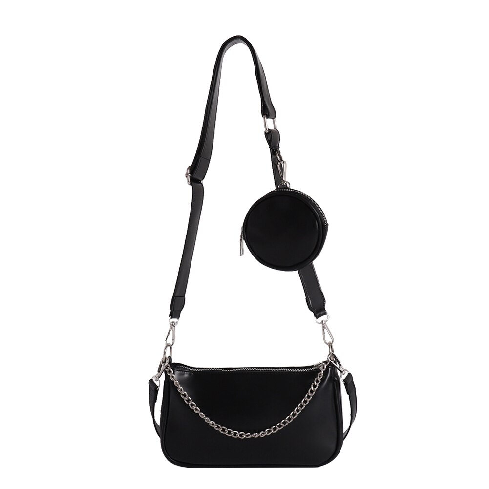 2 sacs à main en cuir PU pour femmes, sac à bandoulière, couleur unie, chaîne, ensemble Composite pour voyage: Style 1 Black