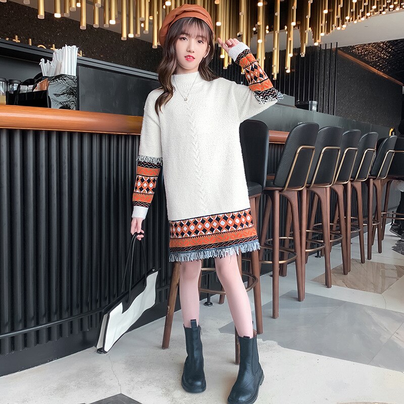 Meisjes Kwastje Truien Toevallige Kinderen Prinses Lange Trui Jurk Winter Tiener Gebreide Truien Trui Kostuum 9 12 13Y