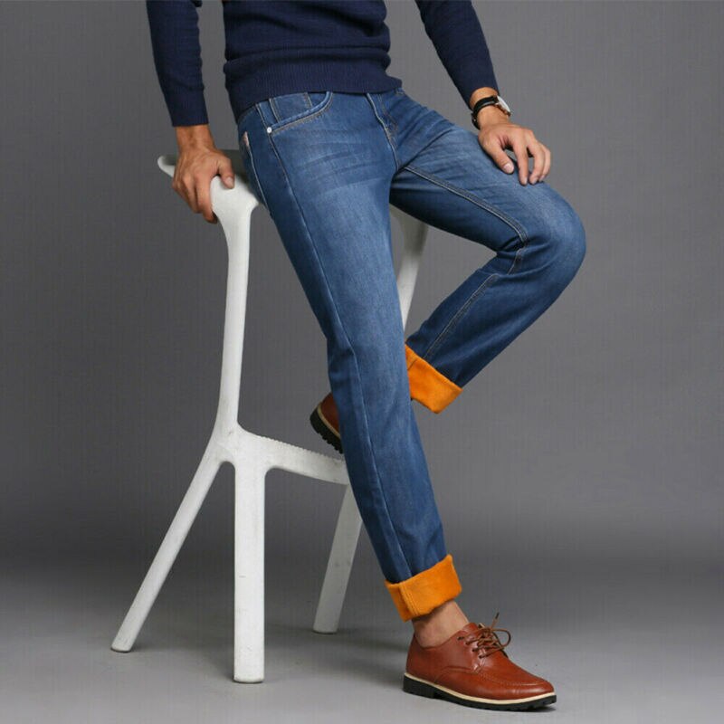 Termiske jeans til menn fleece foret denim lange bukser vinter tøye ut varme bukser ensfarget fleece uformelt trend