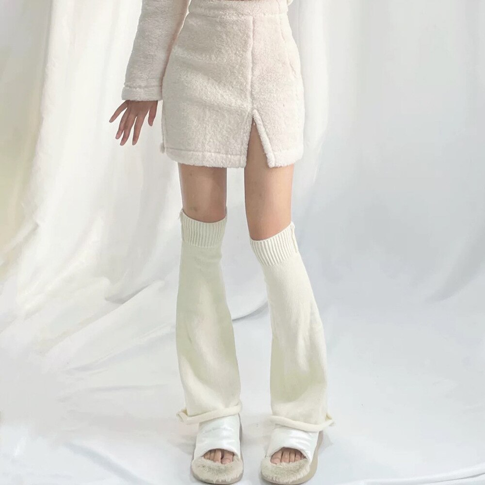 Flared Leg Warmers Women Kawaii White Winter Loose Boot Stocking Girl Uniform Knitted Cute Knee-High Leg Warmers Fluffy: white