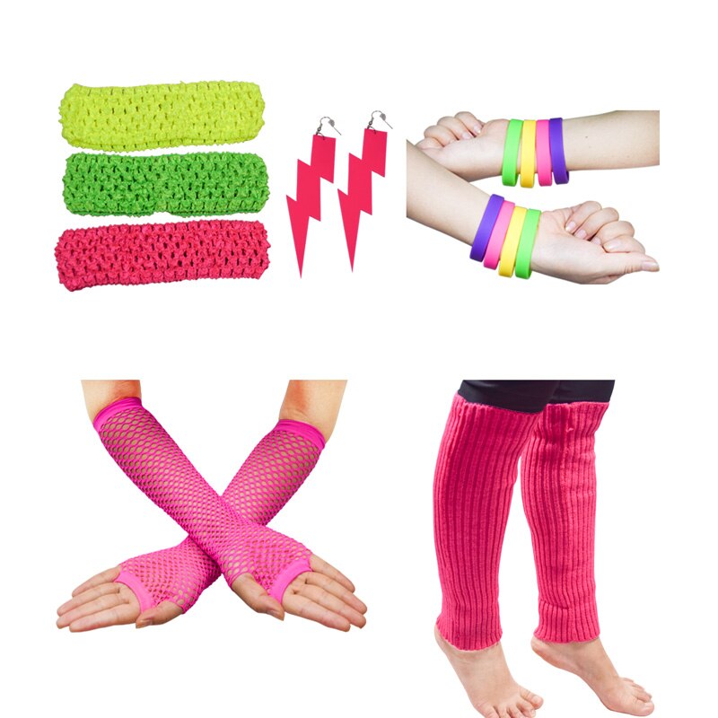 Ecoparty vrouwen 80s Outfit Accessoires Neon Oorbellen Beenwarmers Handschoenen Cosplay Party Benodigdheden Vrouw Meisjes Ornamenten Accessoire: Pink