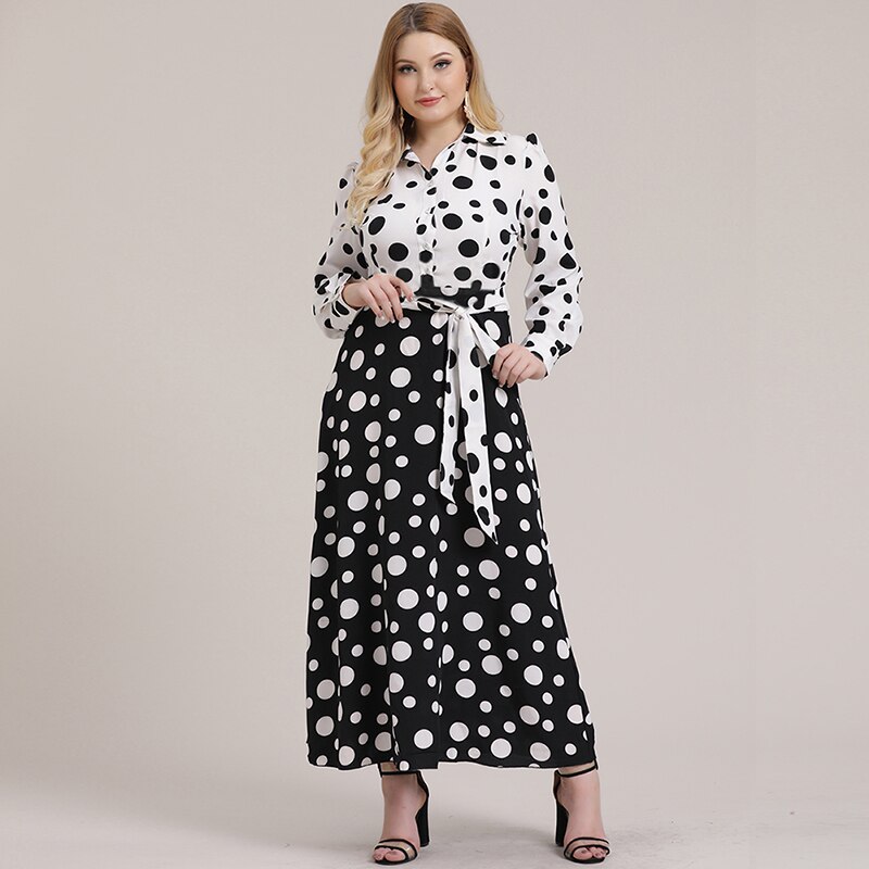5xl plus size kjole kvinder efterår langærmet polkaprikkede skjortekjole hvid og sort kontrastfarve maxi lange kjoler: 4xl