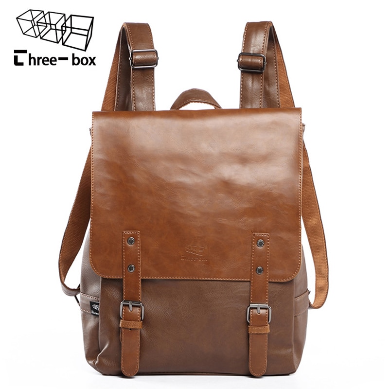 Tre-eske merkevare lær menn bag casual menn skole ryggsekk laptop daypacks college vintage reiser ryggsekker mannlig mochila