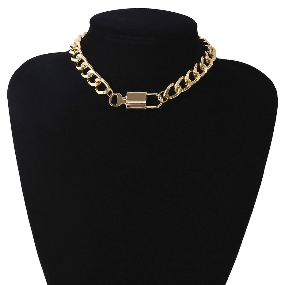 Vintage Cuban Chunky Chain Necklace Collares Steampunk Men Goth Lover Lock Padlock Choker Metal Necklaces Women Jewelry: Gold Color