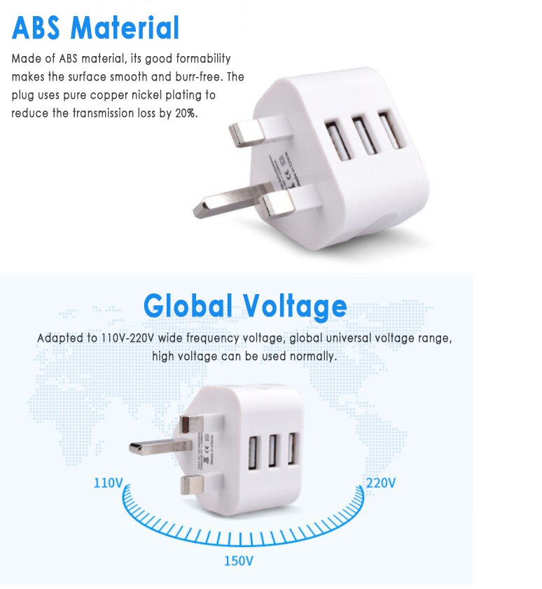 1pc royaume-uni prise murale puissance 3 broches prise adaptateur chargeur avec 1/2/3 Ports USB pour tablettes de téléphone Portable petit et Portable pour voyage