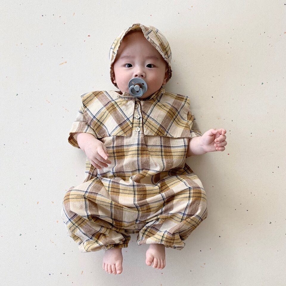 3449 Britse Plaid Baby Meisjes Jongens Romper Met Hoed Wassen Katoen Tweedelige Set Lange Mouw Babykleding Overalls Voor kids