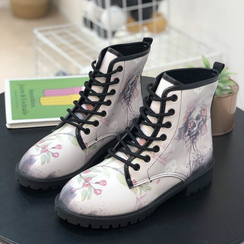 Skeleton Vrouwen Sneeuw Enkellaarsjes Motorcycle Skull Viooltje Lage Hakken Schoenen Vintage Pu Leer Warme Winter Hoge Platform