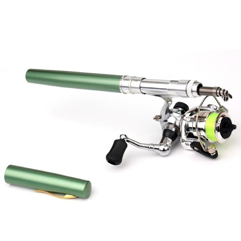 Portable Pocket Mini Fishing Combo Metal Rod +Spinning Reel Wheel Telescopic Fishing Pole Pen Shape Foldable Folding with Box: Green