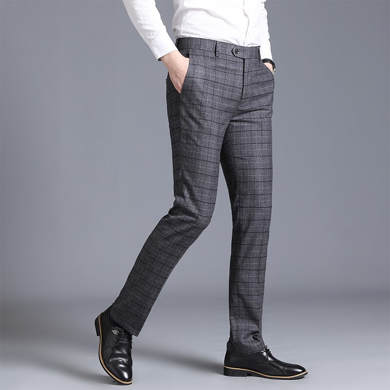 Business casual kostymbyxor för män randiga rutiga byxor maringrå byxor herr storlek 29-38