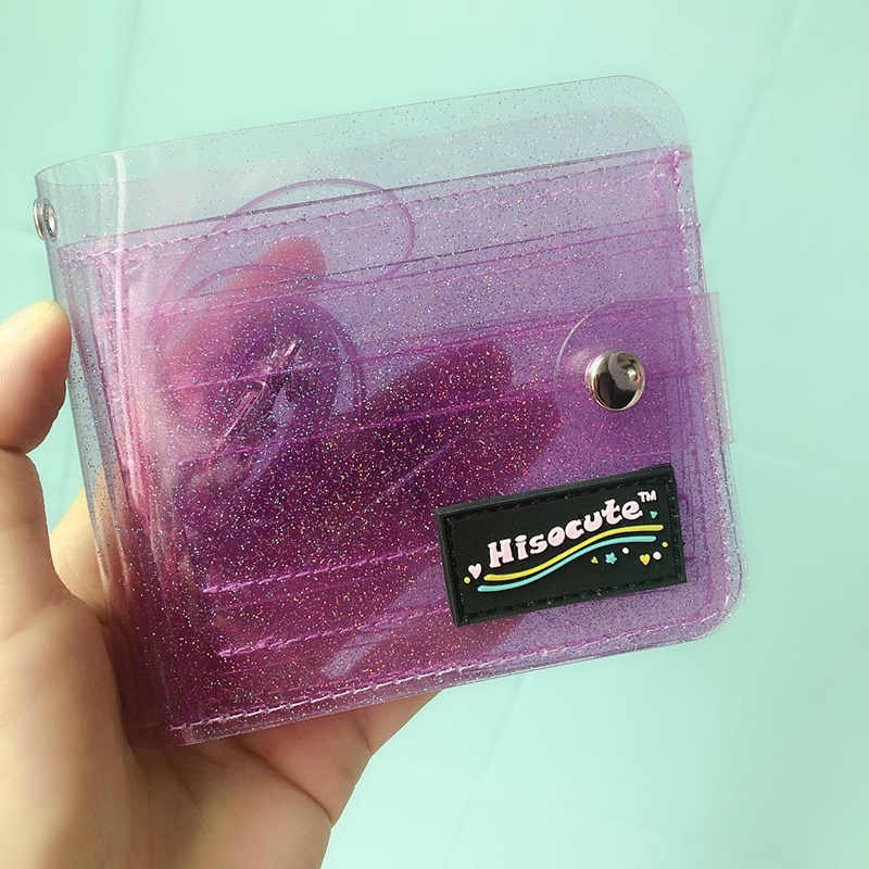 Summer Transparent Clutch Wallets PVC Folding Lanyard Short Wallet Girl Glitter ID Card Holder Business Card Case Purse: purple