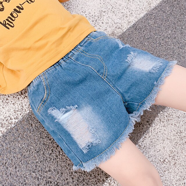 Summer 3-12 year old girl denim shorts sports hole Korean casual denim shorts for children girls