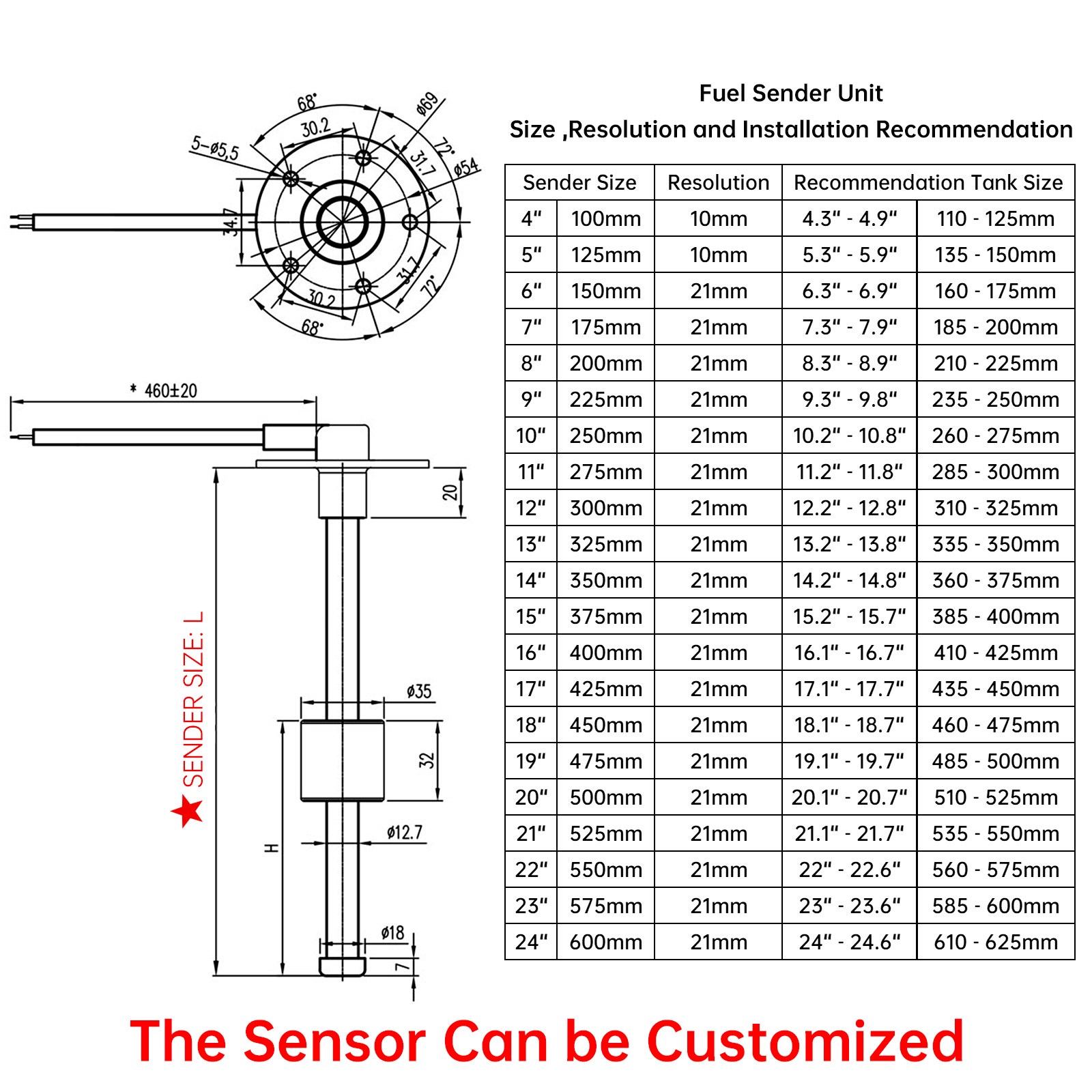 Sensor de nivel de combustible, unidad receptora de combustible, medidores de nivel de agua de 0-125-33ohm, 175/225/275/325/375/425mm,