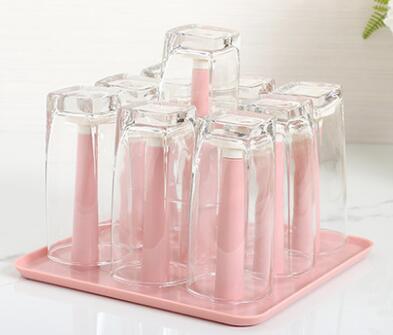 Colorful Plastic Glass Cup Rack Water Mug Draining Drying Organizer Drain Holder Stand 9 Cups Home Kitchen Supplies: Pink