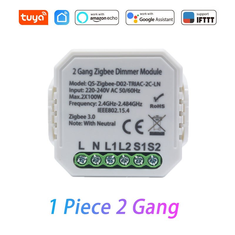 Tuya Zigbee 3.0 Smart Wireless Dimmer Switch Module 1 Gang/2 Gang Remote Control Works With Alexa Google Home Smart Home: 1 Piece 2 Gang