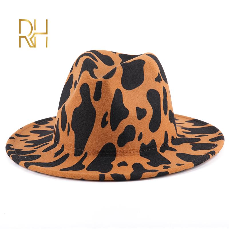 Men Women Wide Brim Wool Felt Cow Print Fedora Hats Vintage Panama Trilby Cap Jazz Hat RH: Khaki