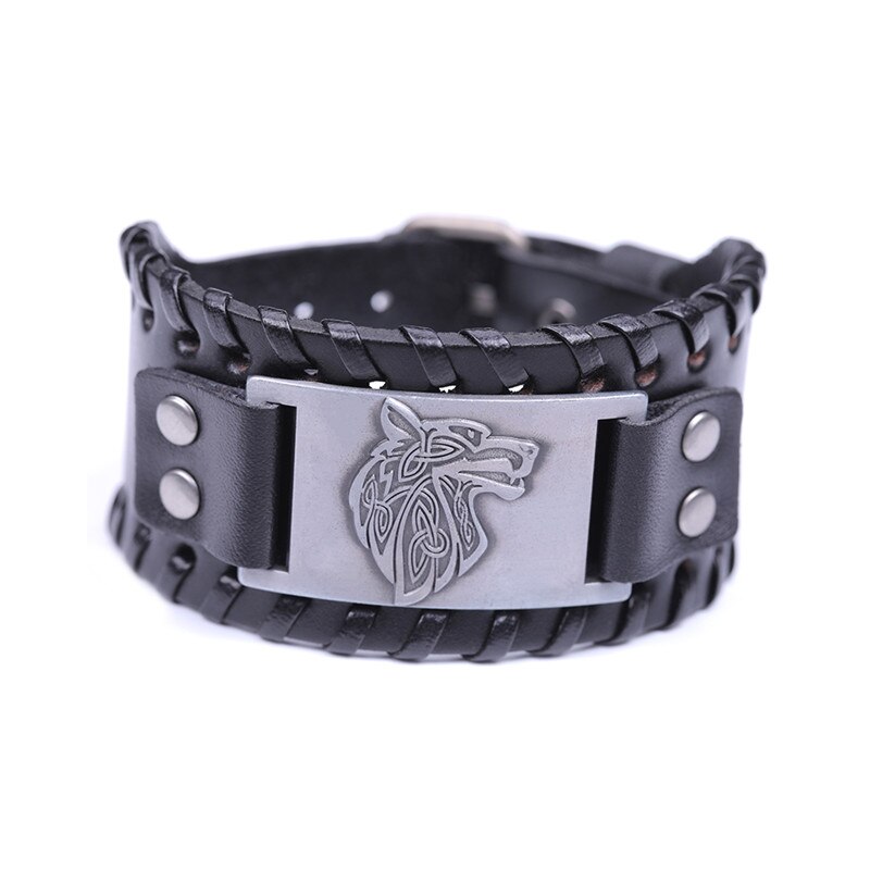 Dawapara Viking Wolf Hoofd Armband Voor Mannen Badge Charm Punk mannen Zwart Lederen Armband Brede Leren Armbanden Voor Vrouwen: Antique sliver