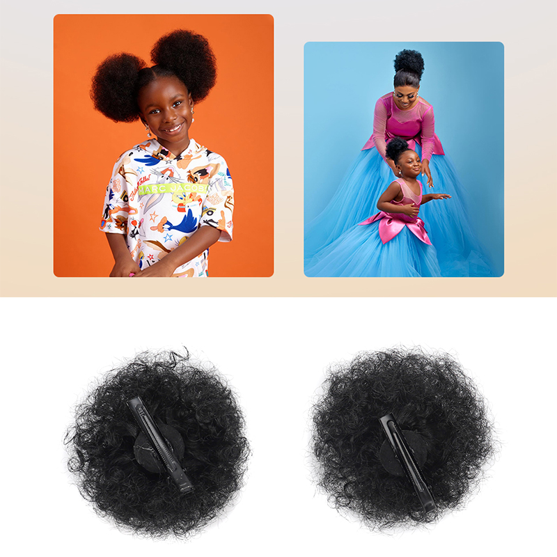 Coque de cabelo afro sintético com clipes para crianças, coque curto e crespo para meninas, extensão de rabo de cavalo encaracolado