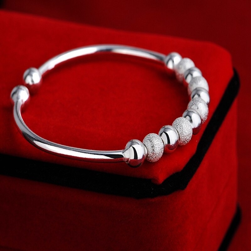 Fine Silver Color Lucky Beads Bangle cute Pulseira Open Cuff Bracelet Bangles For Women Jewelry pulceras y brazaletes mujer