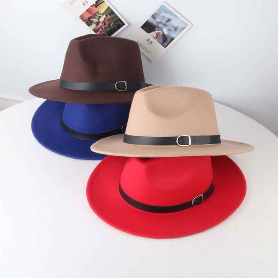 Klassieke Britse Fedora Hoed Brede Rand 8Cm Mannen Vrouwen Imitatie Wollen Winter Vilten Hoeden Mode Jazz Hoed Met Zwarte lederen Gesp