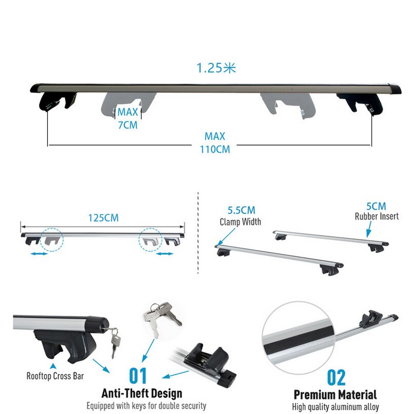 2 PCS Universal Aluminum Alloy Car Roof Racks Crossbar Luggage Carrier Load 100KG 125CM 135CM With Lock&Key For SUV