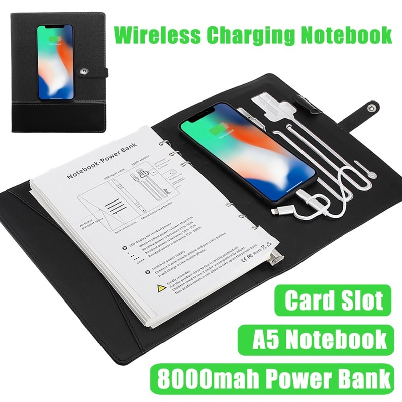 Business Note Book Multi Functional A5 Power Book 8000 MAh Power Bank Qi Wireless Charging Note Book Binder Spiral Diary Planner