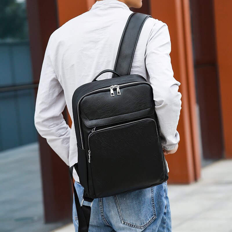 2Solid Colors Male PU Leather Laptop Bag 3 Layed Solid Large Capacity Handlebag Embossing City Jogging Leisure Backpack