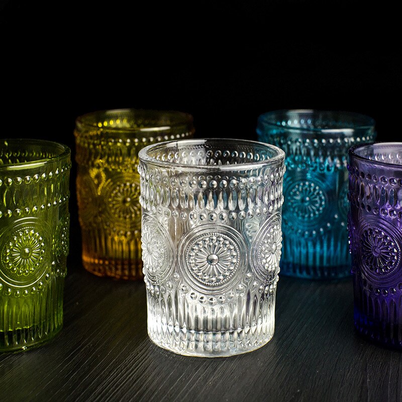 Retro gravyrglas rund liten solblomma relief juiceglas transparent zakka mjölkkopp 300ml handblåsta