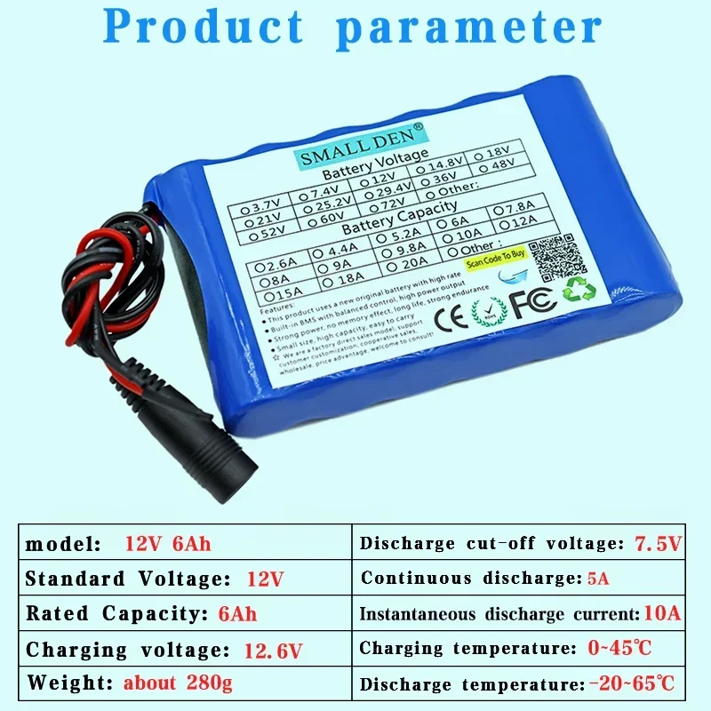 12V 6ah 18650 lithium battery pack 3S2P 6000mAh high current high-power battery, suitable for rechargeable batteries 10A BMS120W