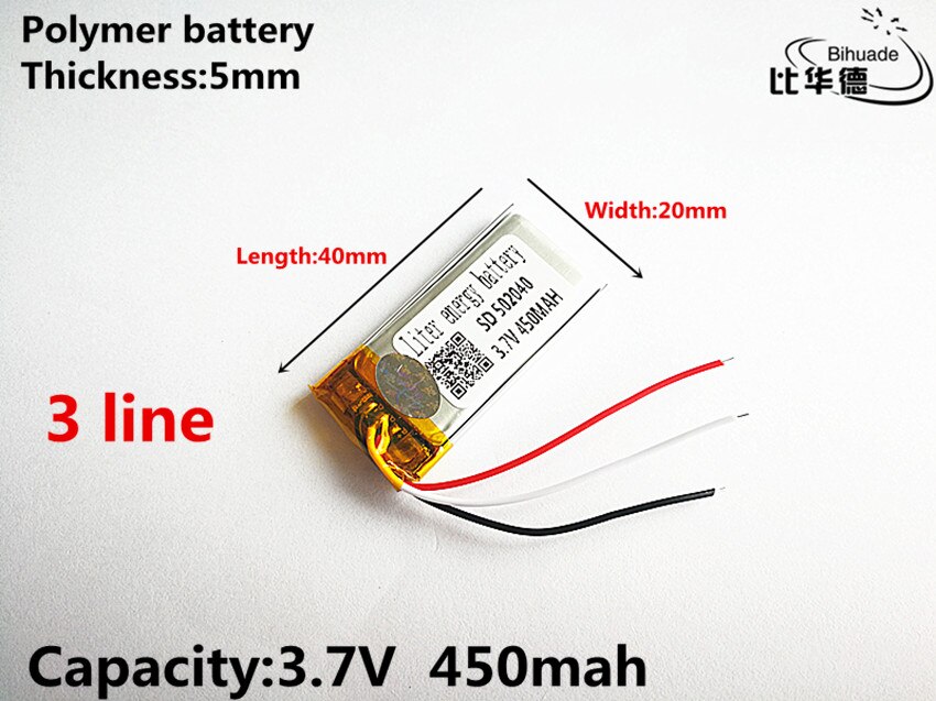 10 stück/lot, 3 -poliger, hochwertiger 3.7v,450- mah ,502040 polymer-lithium-ionen-akku (li-ion) für spielzeug, powerbank, gps ,mp3,mp4 gerät