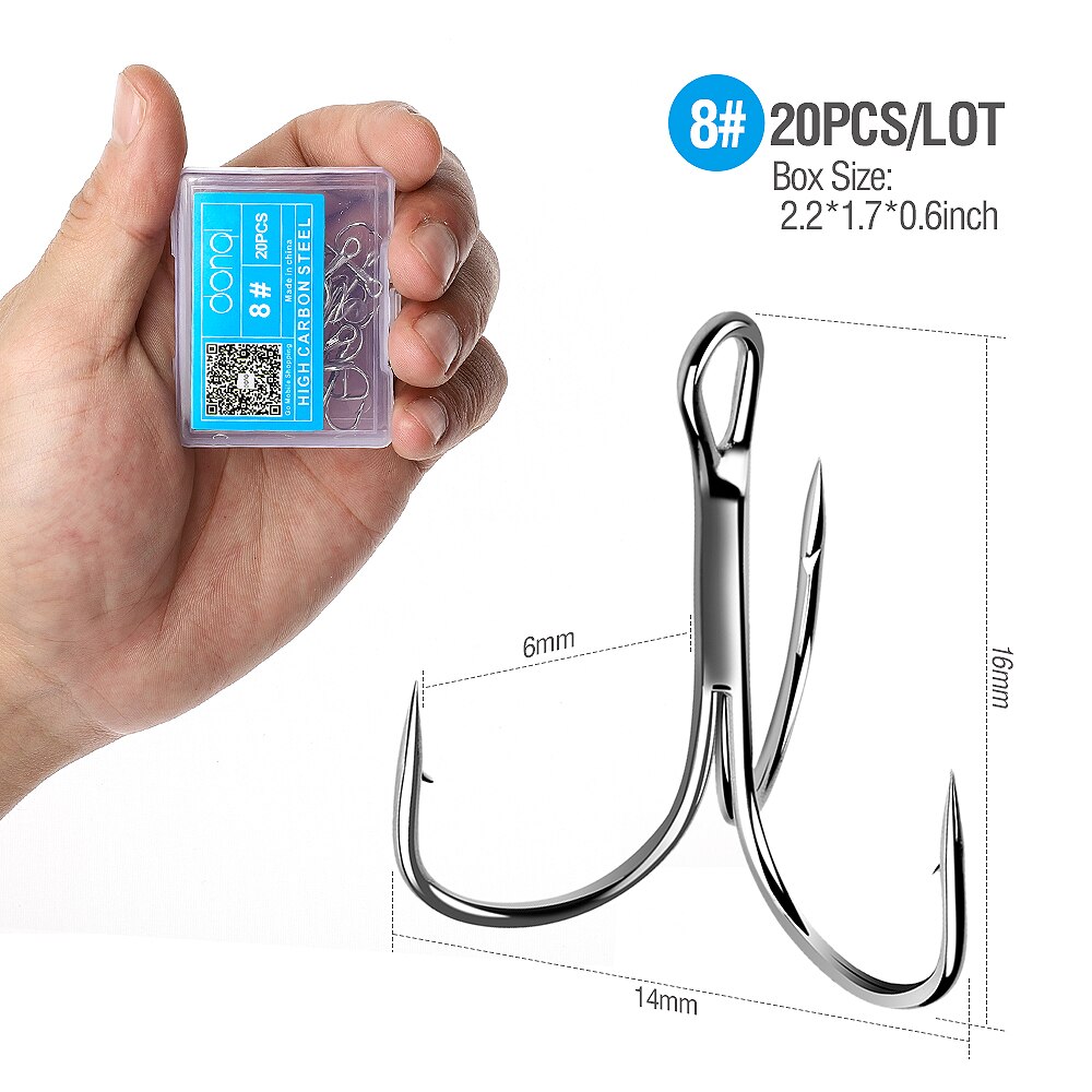 DONQL 20pcs/Box Treble Fishing Hooks Carbon Steel Barbed Fishhooks Set Triple Hooks Sea Fishing Tackle Accessories For Lures: Size 8