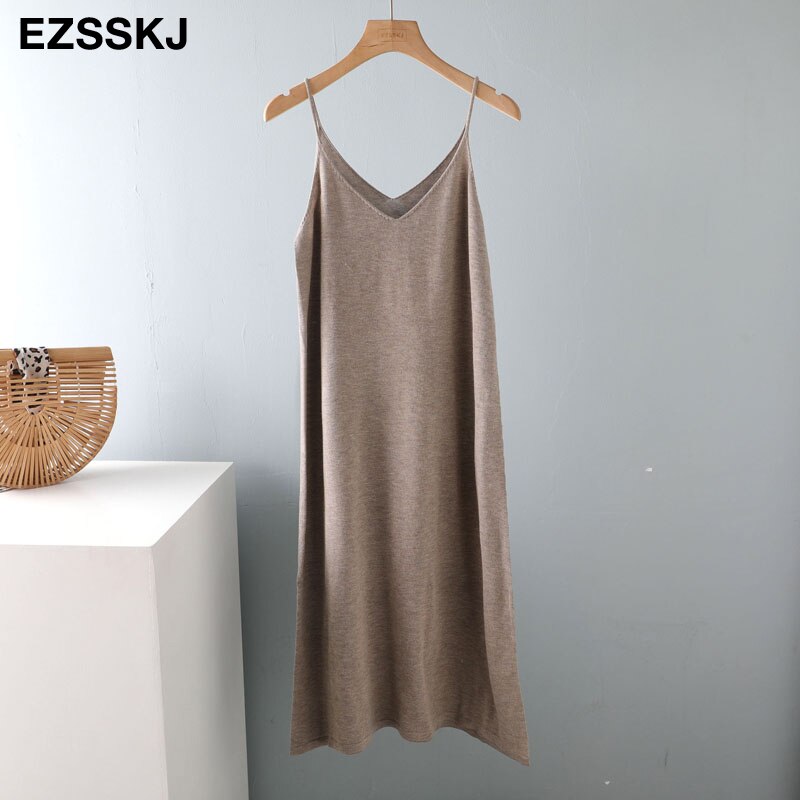 Chic a-line basic forår sommer kjole stropløs strikkjole kvinder løs camisole oversize lang kjole kvinde strik maxi kjole